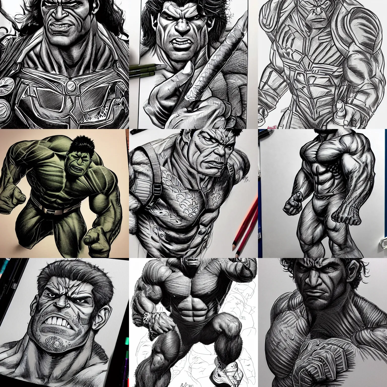 Prompt: JEET HULK, hand drawn, intricate detail, fine line, fine texture, fine hair, pen and ink, pencil, shading, marvel cinematic universe