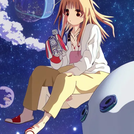 Image similar to a beautiful anime gamer girl sitting in space, studio ghibli, detailed,