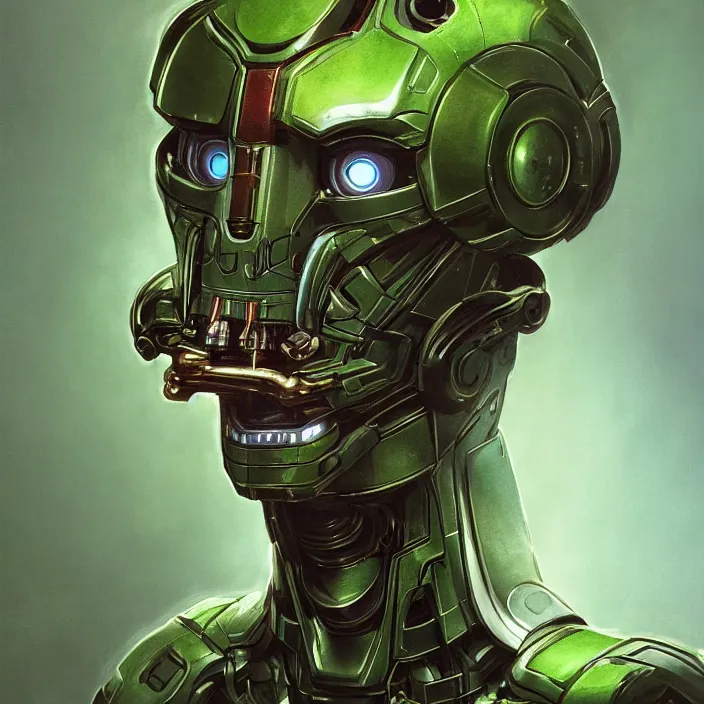 Prompt: a portrait of an emerald Ultron from Age of Ultron, clockwork dieselpunk, isometric art style, head and chest only, by Beksinski, 4k, deviantart, trending on artstation