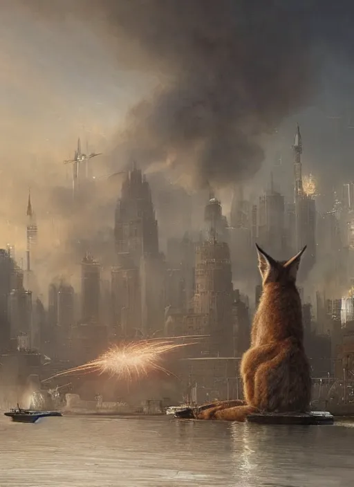 Image similar to hyper realistic giant fluffy caracal attacking moscow city harbor explosions, atmospheric beautiful details, strong composition painted by kim jung giu weta studio rutkowski, james gurney and greg rutkowski, and lucasfilm