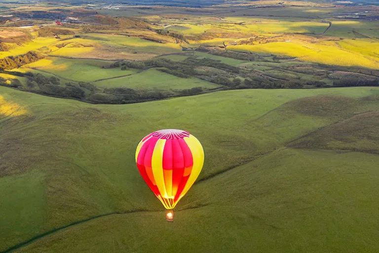 Image similar to aerial photography, scotland, hot air balloon shaped like a hamburger, dusk