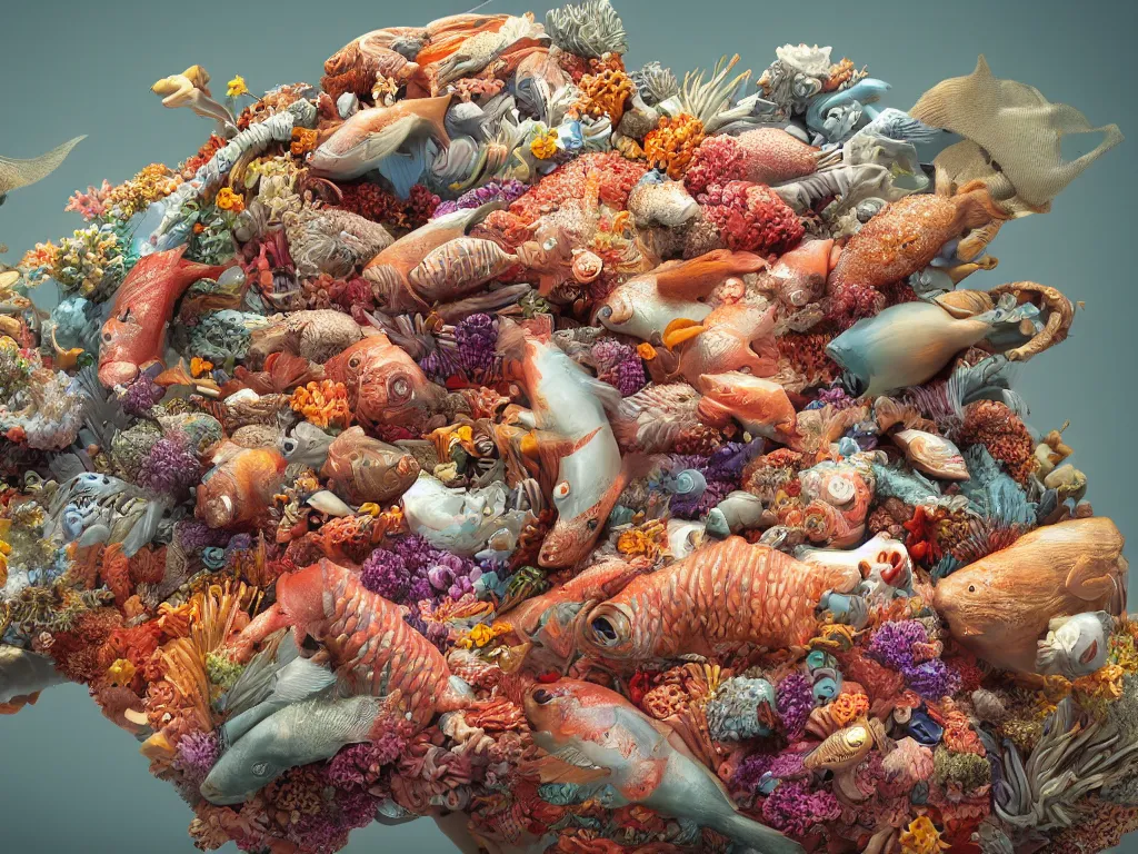 Image similar to a sculpture of fish ocean intertwined, a lovely cornucopia of flowers and human body parts, body parts, highly detailed, octane render, cinematic, shock, sharp focus