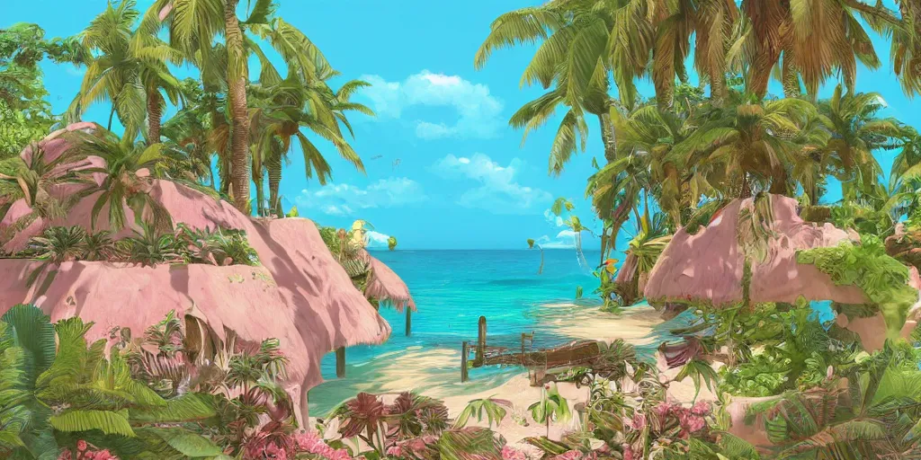 Image similar to tropical island, 8 k, high resolution, detailed drawing, beautiful hd, art nouveau, concept art, pastel soft colors, in the style of danny mcbride, knyazev konstantin