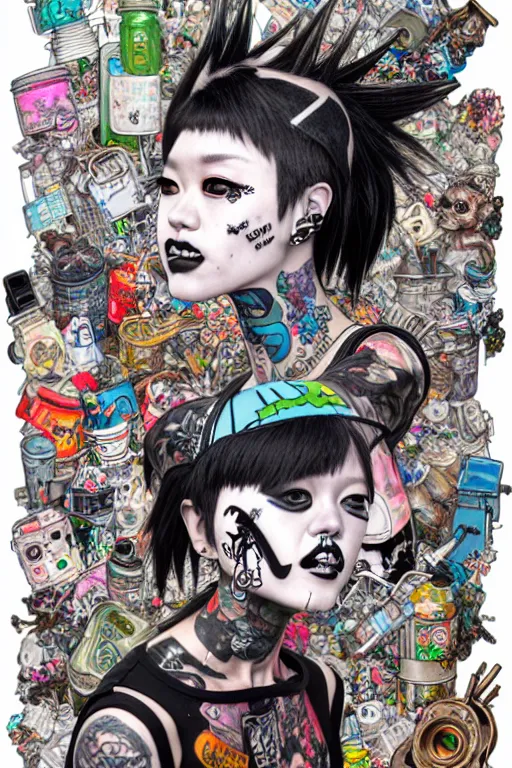 Image similar to full view, from a distance, of anthropomorphic trashcan punk with tattoos, full of trash, style of yoshii chie and hikari shimoda and martine johanna, highly detailed