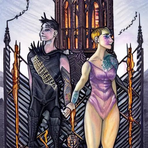 Image similar to short - haired tattooed heroic stoic handsome muscular blonde butch tomboy woman engineer standing beside dark fae feathered gothic jennifer connelly standing together on a balcony at night, in love, rocket factory in background, highly detailed, trending on art station, oil painting