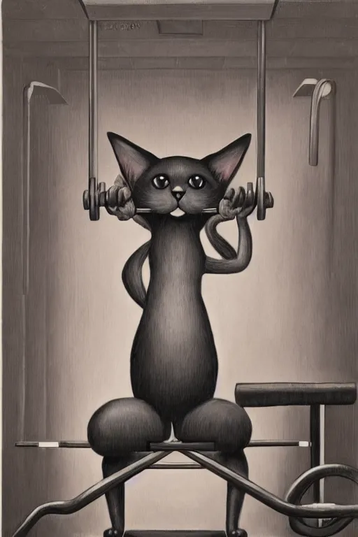 Image similar to anthro cat working out in the gym, an ultrafine detailed painting by mark ryden, trending on deviantart, pop surrealism, whimsical, lowbrow, grotesque