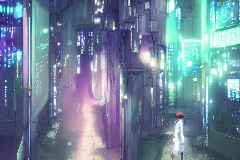 Prompt: serial experiments lain, wired landscape, cyberpunk, volumetric lighting, photo realistic, digital art, anime background, violet colour palette, very detailed faces, art by range murata and yasuyuki ueda