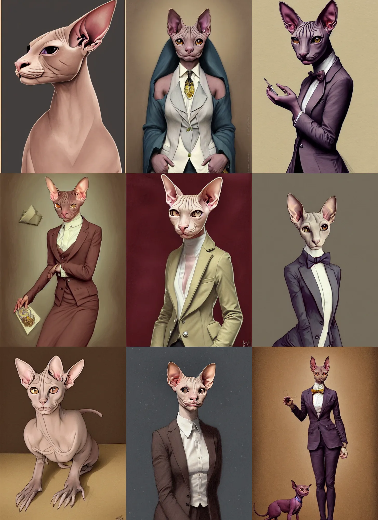 Prompt: full body photograph of a female anthropomorphic sphynx cat fursona wearing a nice suit in a school classroom, deep focus, intricate, elegant, highly detailed, digital painting, artstation, concept art, matte, sharp focus, illustration, d & d, fantasy, hearthstone, art by artgerm and greg rutkowski and alphonse mucha