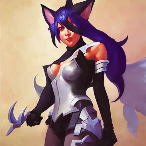Image similar to greg manchess portrait painting of partially armored ahri as overwatch character, medium shot, asymmetrical, profile picture, organic painting, sunny day, matte painting, bold shapes, hard edges, street art, trending on artstation, by huang guangjian and gil elvgren and sachin teng