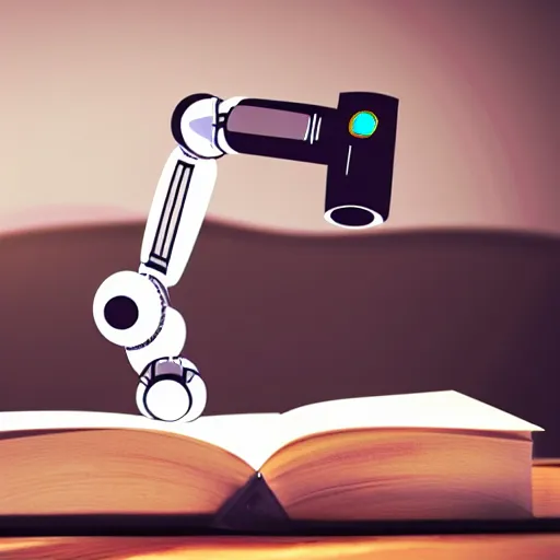 Image similar to photorealistic robot studying using a pen on a book, school chair and table, close shot, cinematic, ultra - detailed, 8 k,