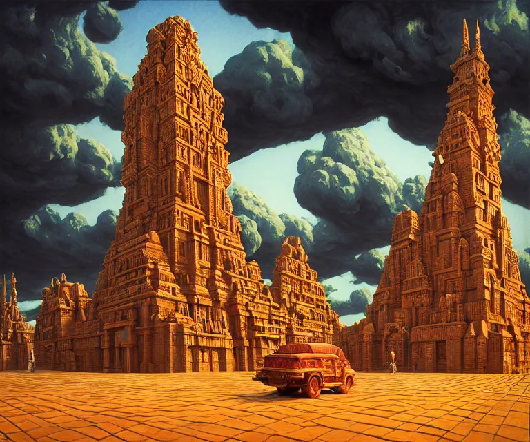 Image similar to hyper detailed 3d render like a Oil painting - ornate temple of the sun, dramatic sky in background, radiant, by Jacek Yerka, Mariusz Lewandowski, Houdini algorithmic generative render, Abstract brush strokes, Masterpiece, Edward Hopper and James Gilleard, Zdzislaw Beksinski, Mark Ryden, Wolfgang Lettl, hints of Yayoi Kasuma, octane render, 8k