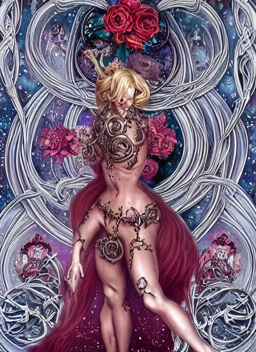 Image similar to blonde girl in a cosmic dress, full-body tattoos, ornate, rococo, grotesque, zbrush art, majestic, organics, silver filigree, colorful, dark fantasy, celtic knot, anatomical, HR, giger style, moebius, frank frazetta, ornate, art nouveau, symmetrical, turquoise jewelry, red smoke, roses, unbiased render, rotten, Emil melmoth, eerie, macabre, haunting,detailed and intricate, floral, faded pink, hypermaximalist, elegant, vintage, hyper realistic, super detailed, pastel colors, 8K, octane render, 8k,