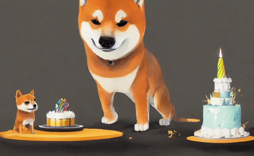 Image similar to a painting of a shiba and a birthday cake trending on artstation in the style of greg rutkowski