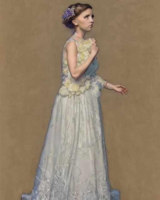 Image similar to an art nouveau painting of a girl resembling alicia vikander or millie bobby brown in a wedding dress, highly detailed, intricate, artstation, by donato giancola