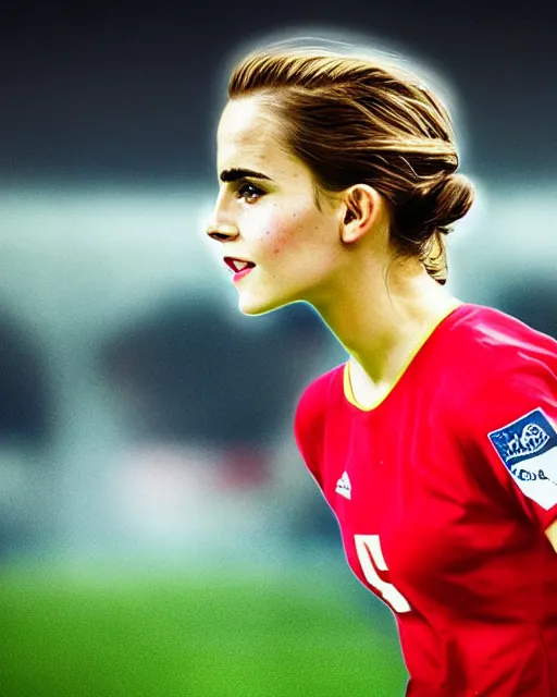 Image similar to a portrait of emma watson as a lokomotiv football player, hyper realistic, highly detailed