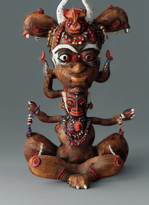 Prompt: an octane render of apagan ritualistic figurine, made of painted wood, voodoo statuette of a demon, volumetric lighting, beautiful design, hd render,
