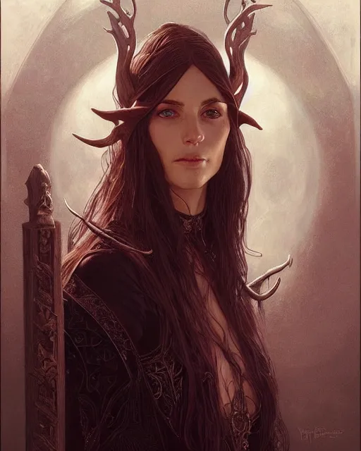 Image similar to portrait of an elven mage, dark, piercing eyes, gentle expression, elegant clothing, photorealistic, highly detailed, artstation, smooth, sharp focus, art by michael whelan, artgerm, greg rutkowski and alphonse mucha