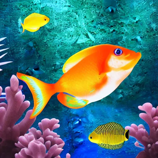 Image similar to 3D render of a cute tropical fish in an aquarium on a dark blue background, digital art