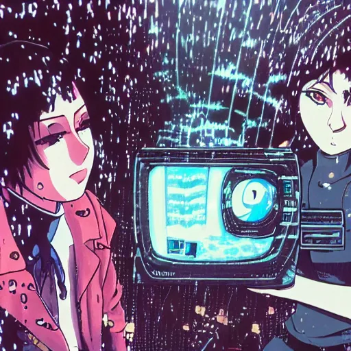 Image similar to anime of a punk cyborg woman breaking a crt tv, water particles floating in the air, finely detailed facial features, weathered drawing, film grain, bright neon lighting, dark pastel colors, drawn by satoshi kon, katsuhiro otomo