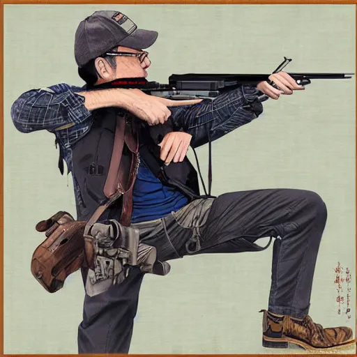 Image similar to jerry miculek shooting, digital art, utamaro kitagawa style