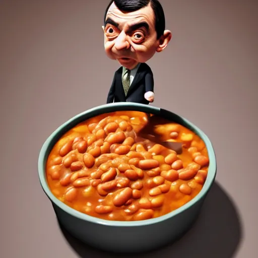 Image similar to mr bean is fused into a bowl of baked beans, artstation, cgsociety, 8 k