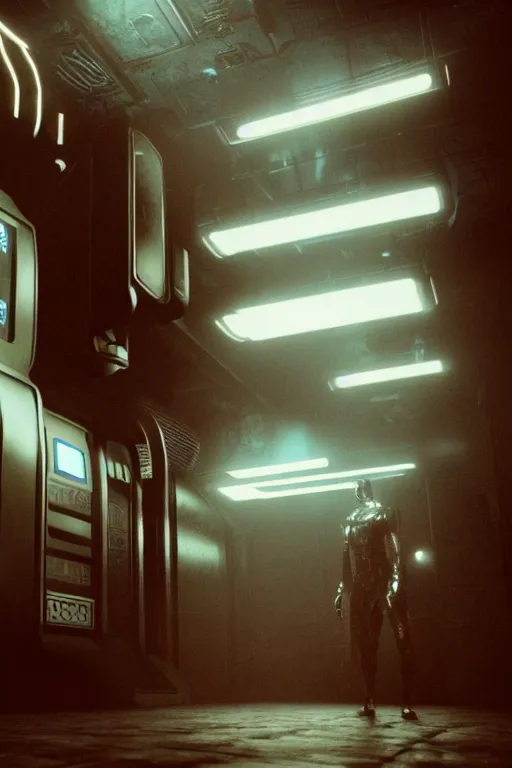 Image similar to in a dark corridor, a human in a still suite from dune in front of a snack machine and taps the keypad, his profile and face lit up by the blue neon light of the machine in front of him, close shot, blade runner style, gloomy mood, hyper-realistic environment,Epic concept art. bokeh, Octane render and Unreal Engine