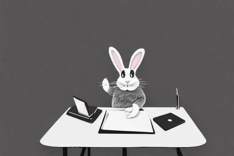 Image similar to a cute fluffy rabbit sitting at a desk, pop surrealism art style, rubberhose animation character style, intricate, toon render, black ink on white paper