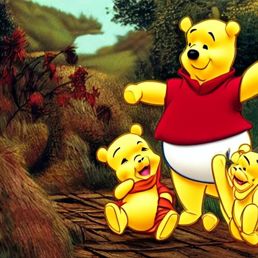 Prompt: winnie the pooh in the coen brothers film o brother where art thou