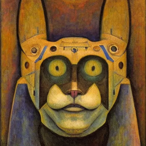 Image similar to masterpiece painting of a robot cat head, by annie swynnerton and diego rivera and nicholas roerich and jean delville, symbolist, dramatic lighting, god rays, elaborate geometric ornament, art brut, rich colors, smooth, sharp focus, extremely detailed, adolf wolfli and ( donato giancola )