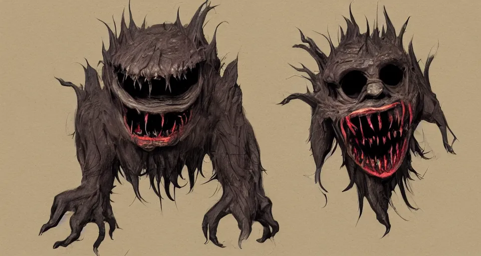Image similar to concept art of a horrifying creature that wears a creepy comedy mask, concept art, turnaround world building, character design