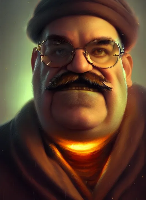 Image similar to realistic portrait of wario, intricate, elegant, glowing lights, highly detailed, digital painting, artstation, concept art, smooth, sharp focus, illustration, art by wlop, mars ravelo and greg rutkowski