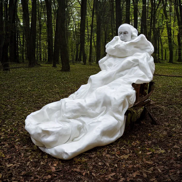 Image similar to a color photograph, closeup portrait of a woman wrapped in foam, sitting in a plastic throne, in cuyahoga valley national park in ohio, color photograph, by vincent desiderio, canon eos c 3 0 0, ƒ 1. 8, 3 5 mm, 8 k, medium - format print