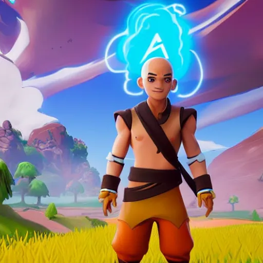 Image similar to aang in fortnite, character render, full body shot, highly detailed, in game render