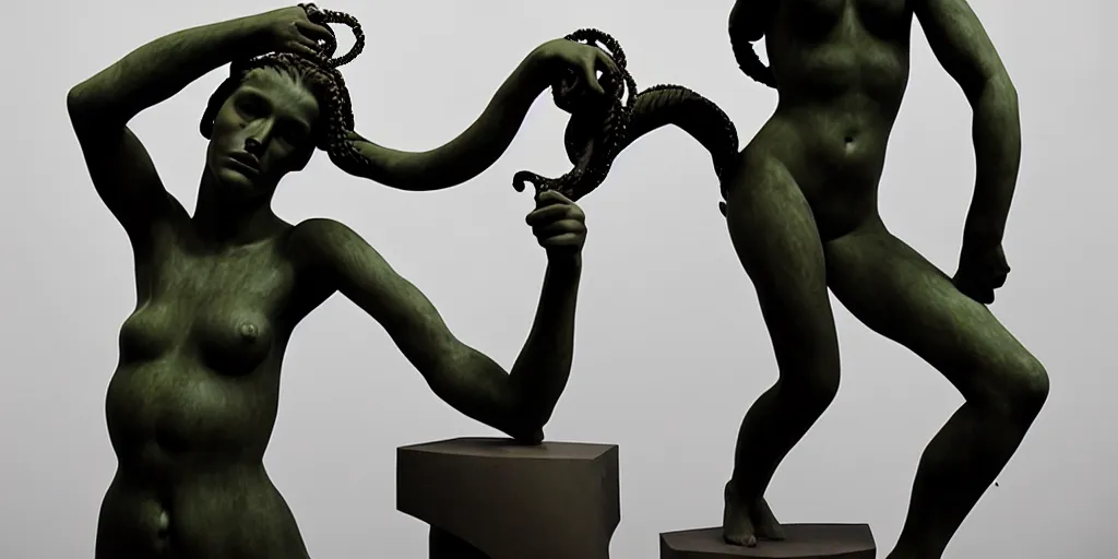 Image similar to modern sculpture, young woman as medusa, multiple poses, prominent jawline