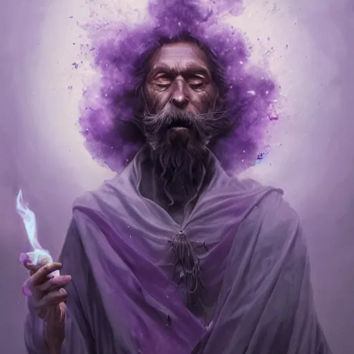 Image similar to a beautiful ultradetailed portrait of a wizard with a body made of smoke! beautiful large purple staff in his hand, with a single large grey smoke cloud by his side, by greg rutkowski, karol bak and peter mohrbacher, volumetric lighting, magical realism, dark, wizard, smoke