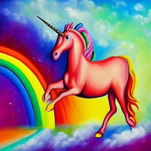 Image similar to unicorn walking on a rainbow, in the style of caravagio, oil painting