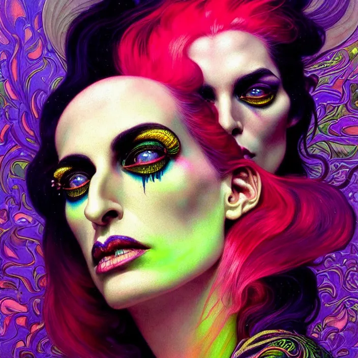 Prompt: bright psychedelic portrait of DIAMANDA GALAS, diffuse lighting, fantasy, intricate, elegant, highly detailed, lifelike, photorealistic, digital painting, artstation, illustration, concept art, smooth, sharp focus, art by John Collier and Albert Aublet and Krenz Cushart and Artem Demura and Alphonse Mucha