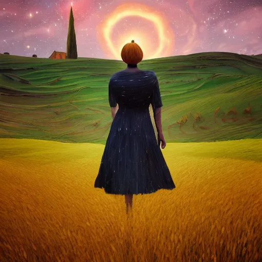 Image similar to giant daisy as a head, girl walking in wheat field, hills, surreal photography, dark night, star trails, dramatic light, impressionist painting, clouds, digital painting, artstation, simon stalenhag