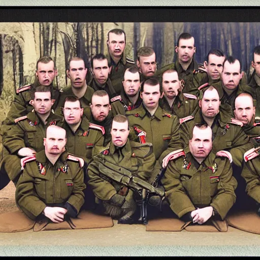 Image similar to wagner russian military force exorcism group photo - realistic, color image, 2 k, highly detailed, occult art