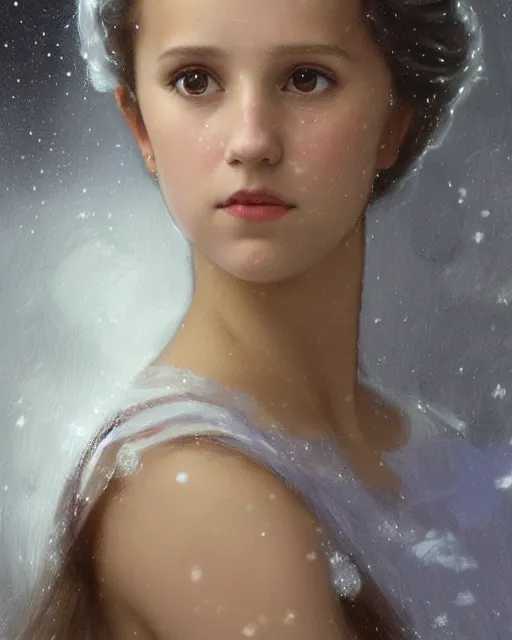 Prompt: a portrait painting of a shy, blushing 1 6 - year old alicia vikander or millie bobby brown as elsa, a princess of the ice and snow, in a snowy setting at night, intricate, elegant, highly detailed, artstation, concept art, by krenz cushart and donato giancola and william adolph bouguereau and alphonse mucha