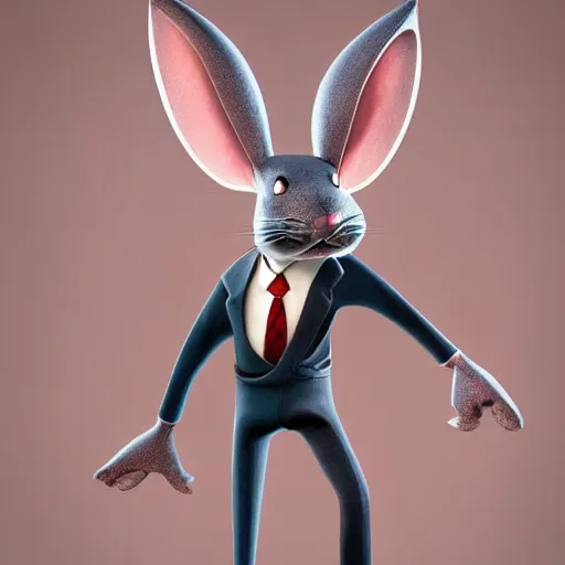 Image similar to A extremely highly detailed majestic hi-res beautiful, highly detailed portrait of a scary terrifying creepy cartoon rabbit standing up wearing pants and a shirt in the style of 1960's Walt Disney animation, dramatic lightning, rim light, hyperrealistic, photorealistic, octante render, elegant, cinematic, high textures, hyper sharp, 8k, insanely detailed and intricate, graphic design, cinematic atmosphere, hypermaximalist, hyper realistic, super detailed, 4k HDR hyper realistic