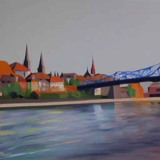Image similar to very abstract painting of the rhine in basel, very rough brush strokes, the munster in the background, muted greyscale colors, great composition