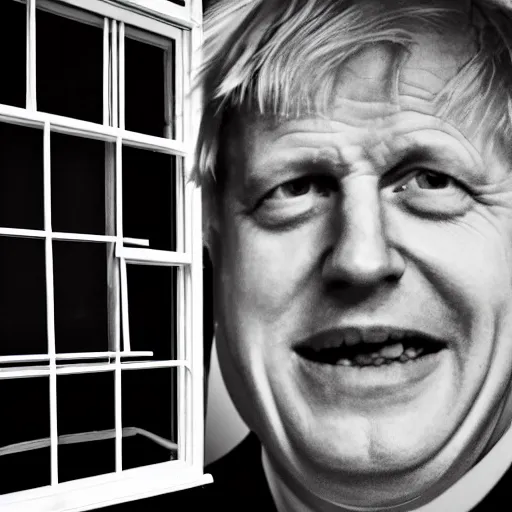 Image similar to window blinds in a house being pulled back to reveal a terrifying boris johnson with his face pressed against the window with his hand on the window and a horrifying grin. horror, black and white