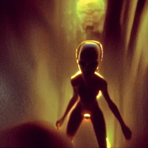 Image similar to movie still of the alien girl, cinematic composition, cinematic light, by david lynch and gaspar noe