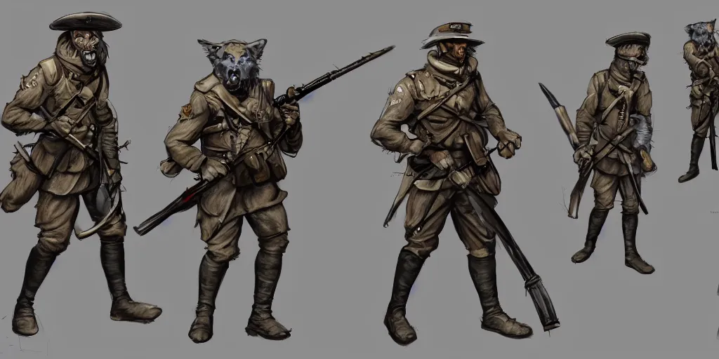 Image similar to concept art of a high fantasy ww1 werewolf soldier using a bazooka trending on artstation, detailed high resolution