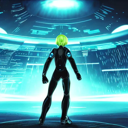 Prompt: Samus Aran standing on a desolate planet, Tron: Legacy (2010) style, movie still, official media, 4k HD