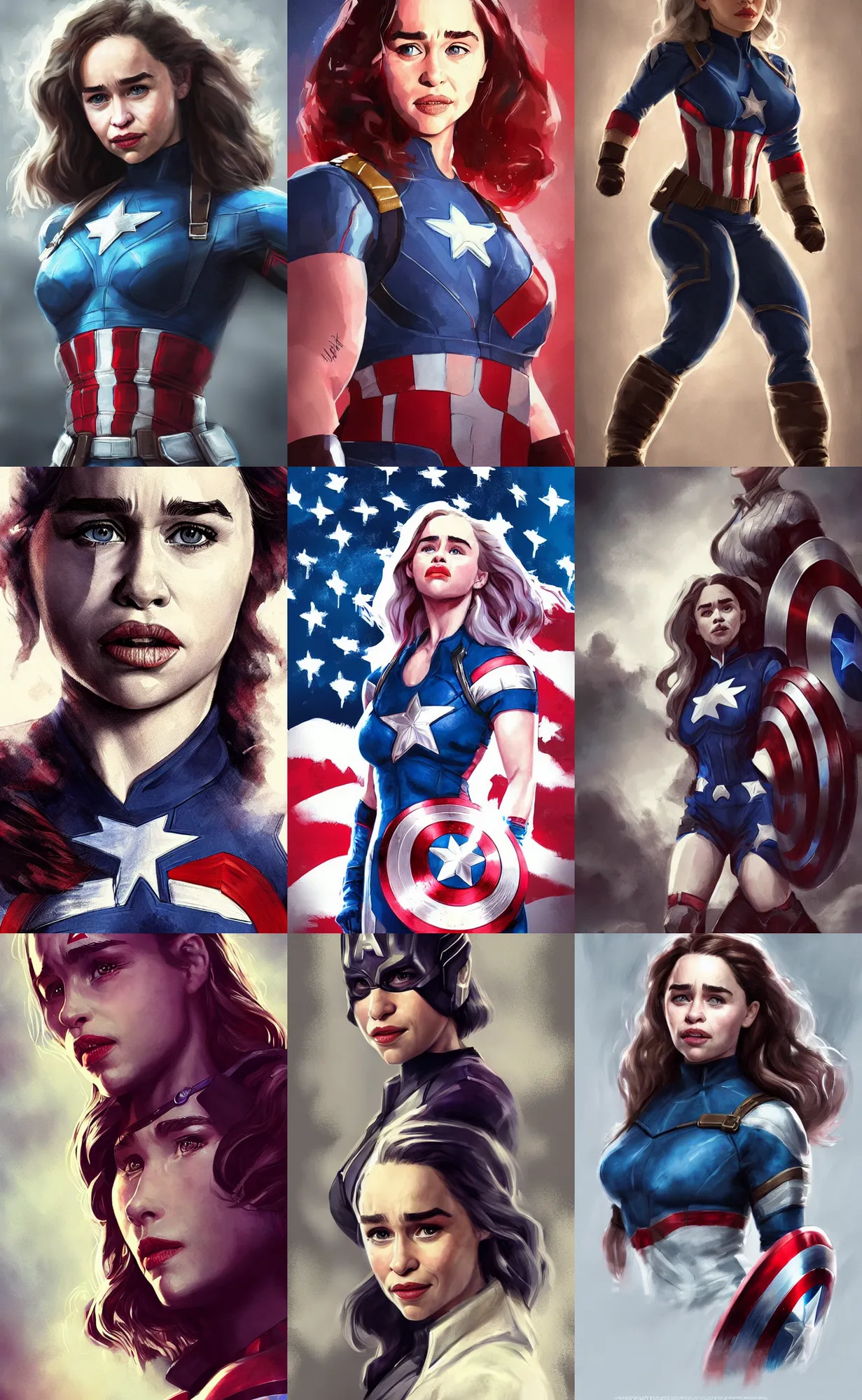 Prompt: a beautiful rendering of Emilia Clarke as captain America by nick Silva, trending on artstation, instagram