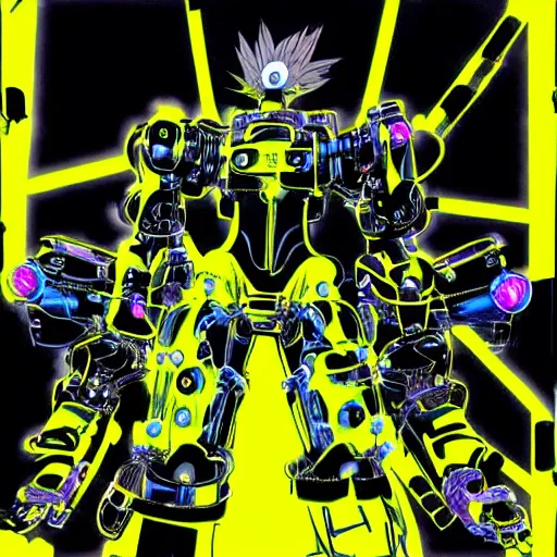 Image similar to the headless fullmetal kerberos robot sirius in electrical wired neon yellow noir outfit, with eyelike neon lights in its torso, colored manga illustration by yoji shinkawa and james jean