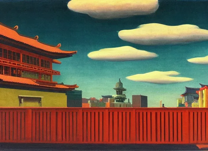 Image similar to old asian city, clouds, bird, open ceiling, strange foreign objects, oil painting by edward hopper, chirico and rene magritte