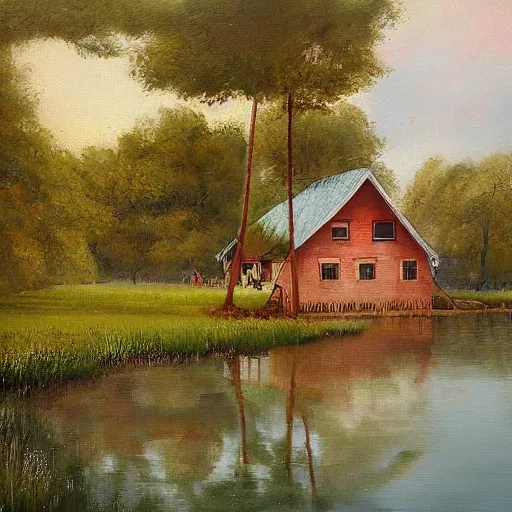 Prompt: a house by the lake painted by igor kieryluk